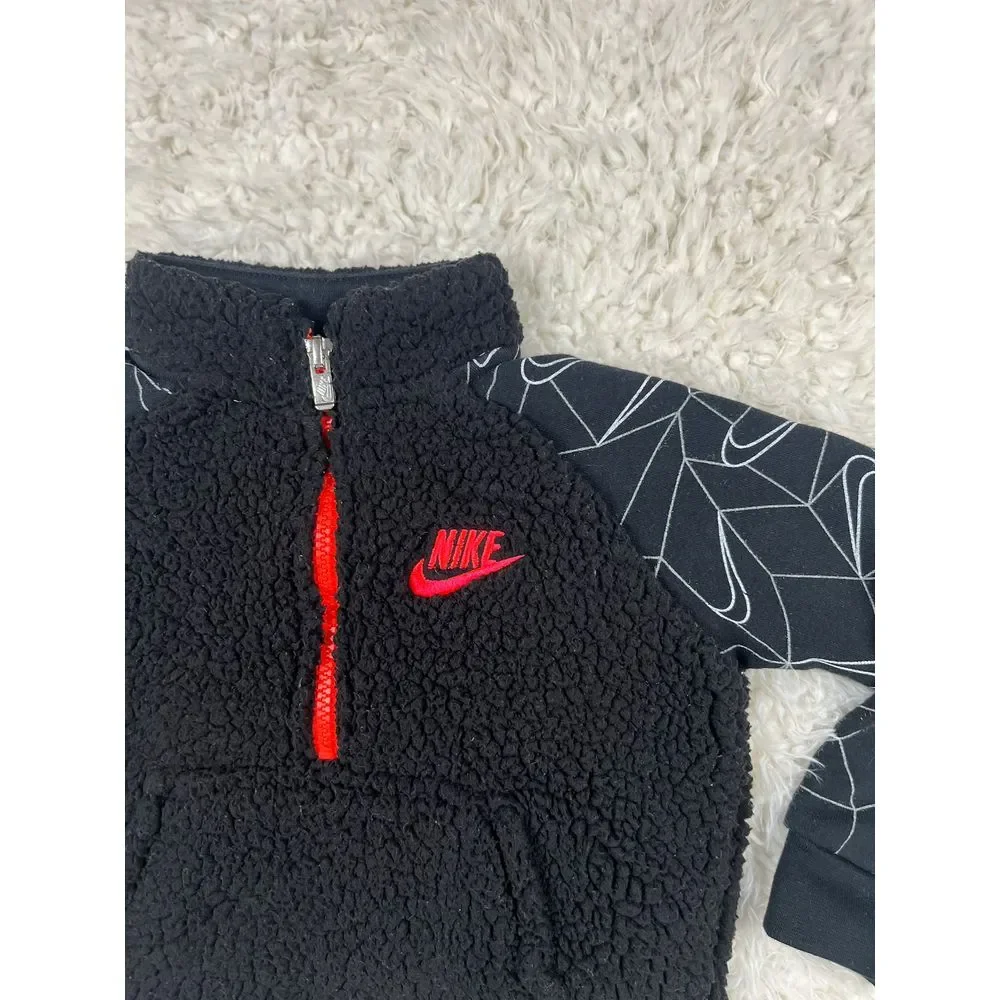 Nike Sherpa Fleece Quarter Zip Pullover Geometric Print Sleeves‎ Black Red 24M